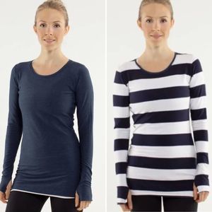 Lululemon Women Every Yogi Reversible Top XS/S Navy Wild Bold Stripe Long Sleeve